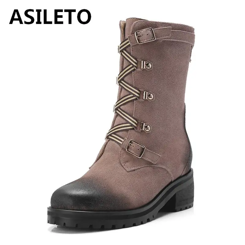 

ASILETO Women Boots Genuine Leather Flat Ankle Boots Womens Motorcycle Boots Autumn Shoes Women Winter Boots botas mujer