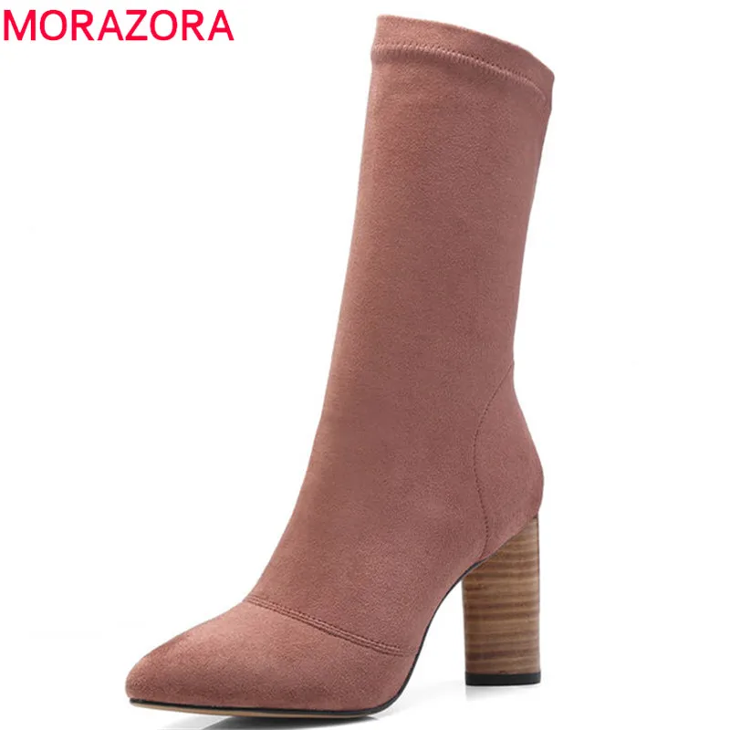

MORAZORA 2020 new fashion shoes woman pointed toe slip on Stretch socks boots high heels footwear ankle boots for women