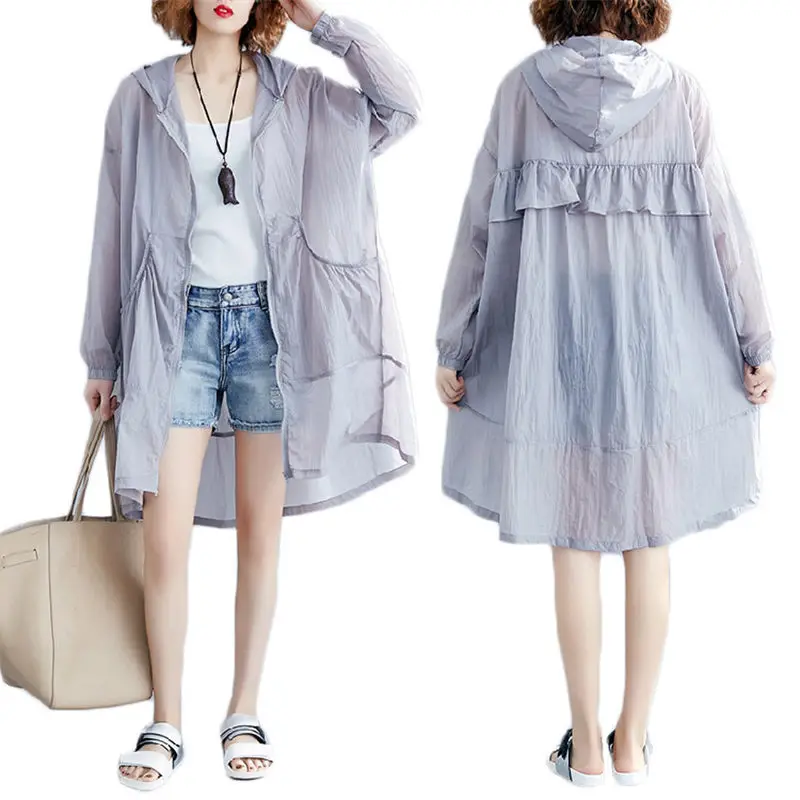 

Long Casual Summer Women Jacket Shirt Tops Large Size Spring Solid Hooded Ruffled Stitching Sunscreen Clothes Windbreaker f710