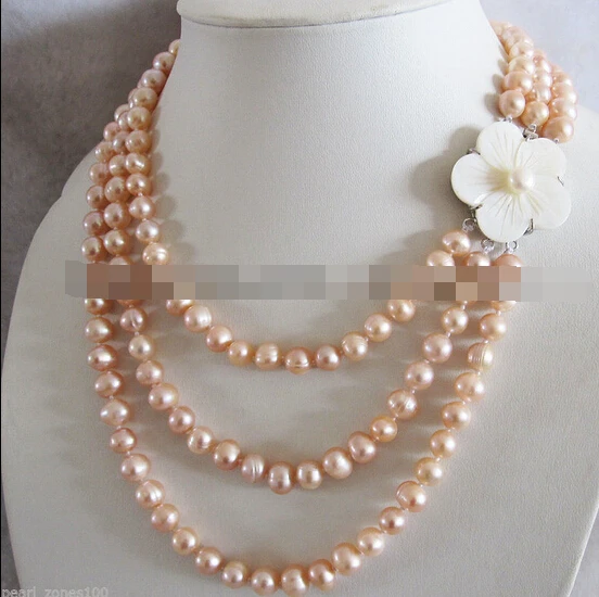 

RHJ0012 7-9mm Peach Pink 3Row Freshwater Pearl Necklace Fashion Jewelry AAA