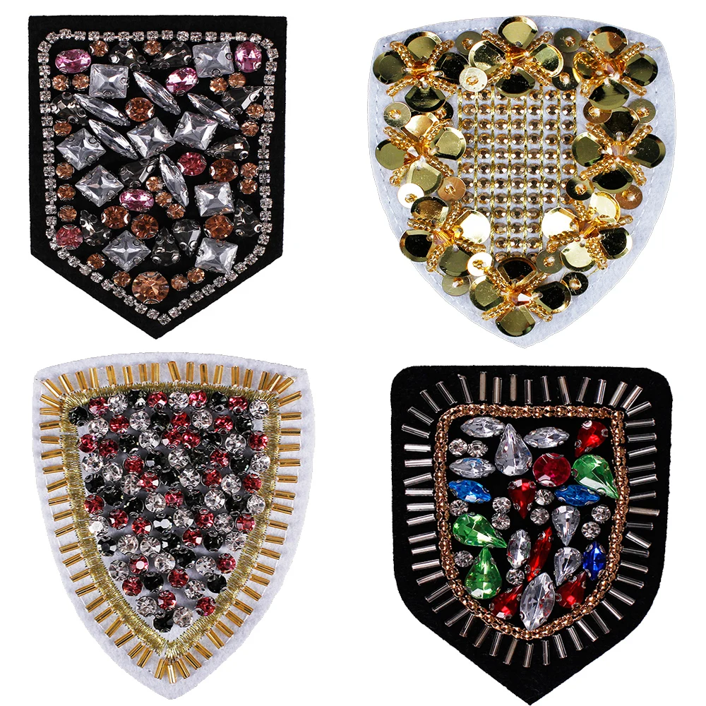 2piece Beading Badge Rhinestones Shoulder Patches Fabric Applique Bag Clothes Decorated Sewing