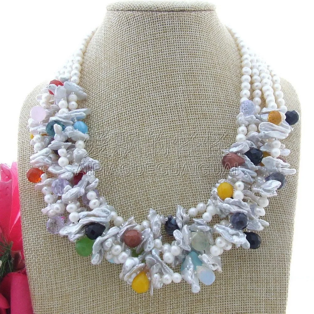 

N013044 20" 5 Strands White Biwa Pearl Crystal Necklace