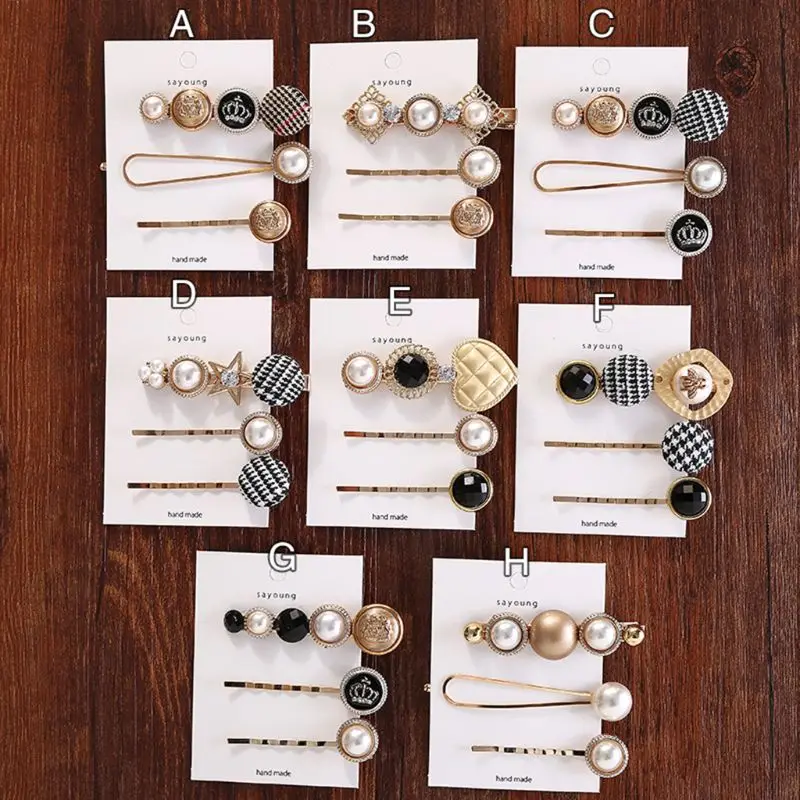 

3Pcs/Set Japanese Style Ladies Metal Alloy Straight Hairpins Faux Pearl Rhinestone Houndstooth Button Luxury Hair Clip Barrettes