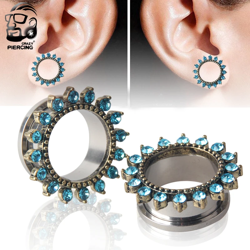 

2pcs Steel Screw Ear Plugs and Tunnels Blue Flower Design Ear Expander Piercing Ear Gauges Ear Stretchers Body Jewelry Piercing