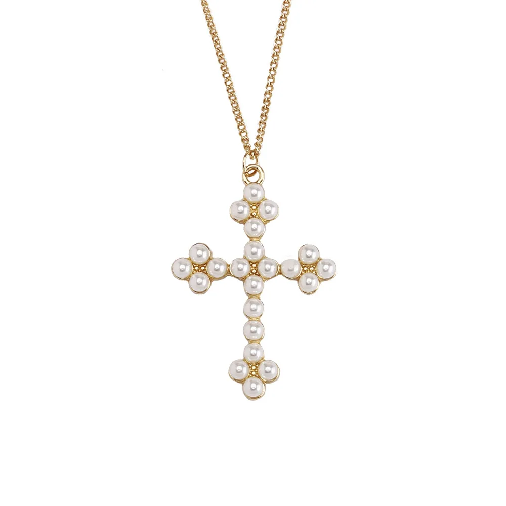 

2019 New Christian Cross Alloy Pearl Inlaid Long Necklace Temperament Fashion Simple Sweater Chain Jewelry Women Choker Necklace