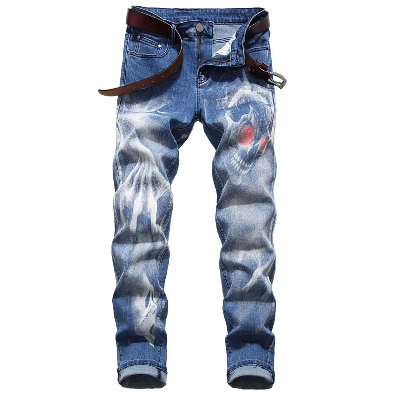 MORUANCLE/мужские джинсы в стиле хип-хоп с 3D принтом, брюки, Стрейчевые джинсовые брюки с рисунком черепа, модная уличная одежда большого размера 28-42, прямые