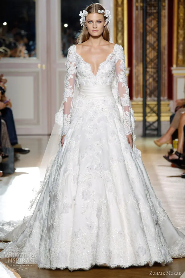 

Zuhair Murad Puffy White Lace Flowers Long Wedding Dresses With Long Sleeves Bridal Gowns Tulle RS-40