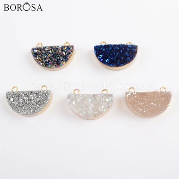 

BOROSA 5PCS Crescent Gold Color Natural Agates Titanium Rainbow Druzy Connector Semicircle Drusy Double Charms Jewelry G1722