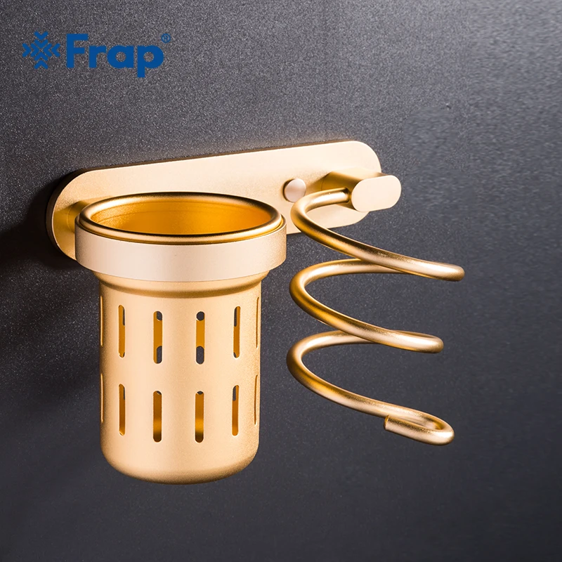 

FRAP Wall Mounted Hair Dryer Holder Rack Golden Space Aluminum Frosted Spiral Head Comb Holder And Hair Dryer Rack Combo Y38009