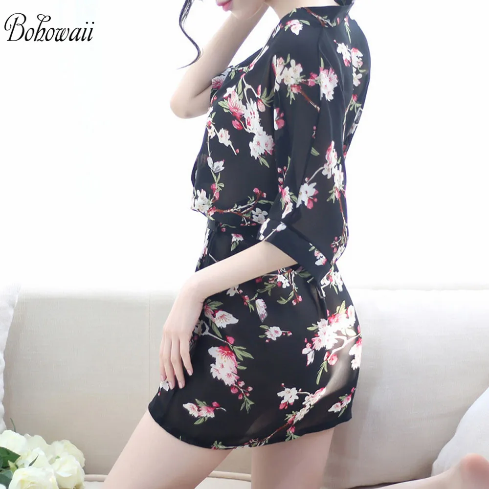 

BOHOWAII Japanese Kimono Style Sexy Asian Dress Women's Floral Print Sheer Chiffon Loose Kimono Mujer Beach Cover Up