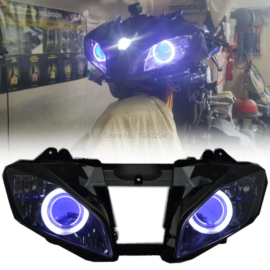 

Custom Assembled HID Projector Covernsion Headlight White Angel&Blue Demon Eyes Fits For Yamaha YZF R6 2006-2007