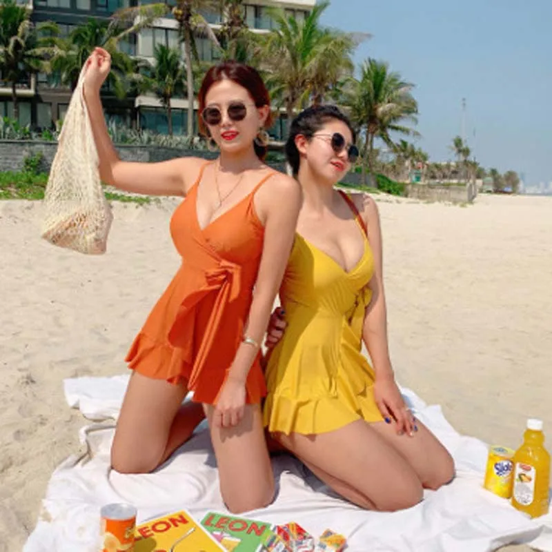 

Korean Solid Bowknot One Piece Swimsuit women bikini 2019 Wrap Bandage Belt Swim Dress Swimwear Skirt Bathing Suits For Women