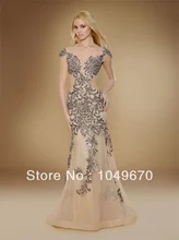 Einzigartige Designer 2016 Halsausschnitt Kappen-hülsen Applique Bodenlangen Formales Abend-kleid Elegante Celebrity Kleider Party N228