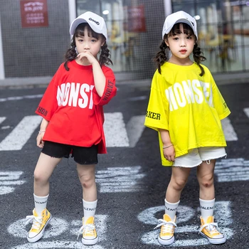 

Loose Dance Costume Girls Short Sleeve Street Dance Practice Wear Hiphop Jazz Performance Clothing Kids Rave Outfit Suit DC2240