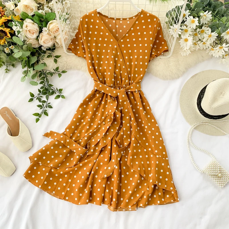 Vintage Polka Dot Print V Neck Ruffles Short Bandage Dress Chiffon Summer Party Women Casual High Waist Beach Dresses