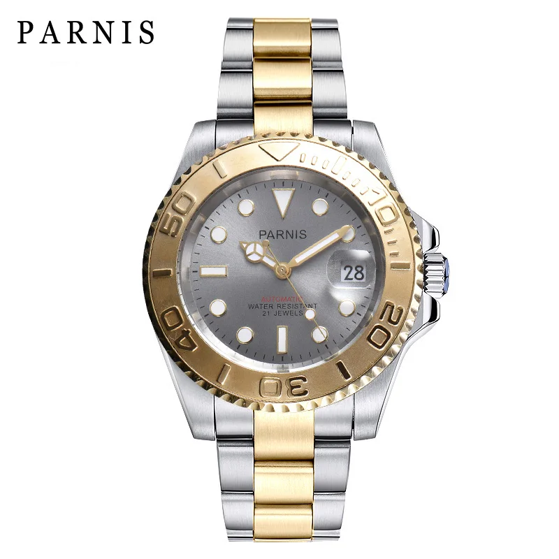 Parnis 40 мм синий с циферблатом механический мужские часы с автоматическим подзаводом керамический ободок браслет из нержавеющей стали водонепроницаемые мужские часы настенные часы - Цвет: gray dial