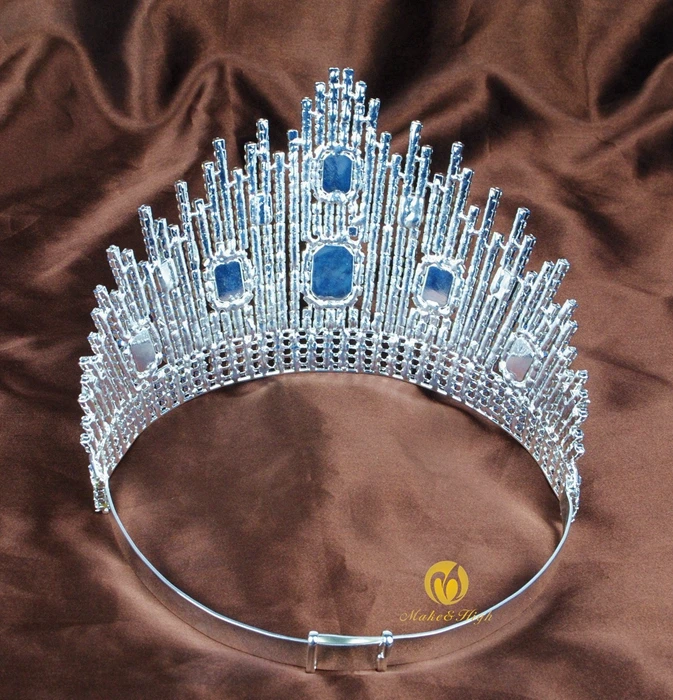 Blue Crystal Miss Pageant Tiara Large Crown Clear Rhinestone Wedding Prom Party 