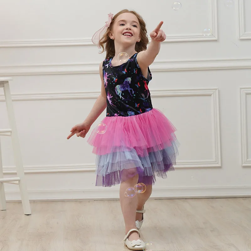 Dxton/ г. Детское летнее платье для девочек с единорогом лоскутное платье для девочек бальное платье-пачка для девочек хлопковая детская одежда SH4550