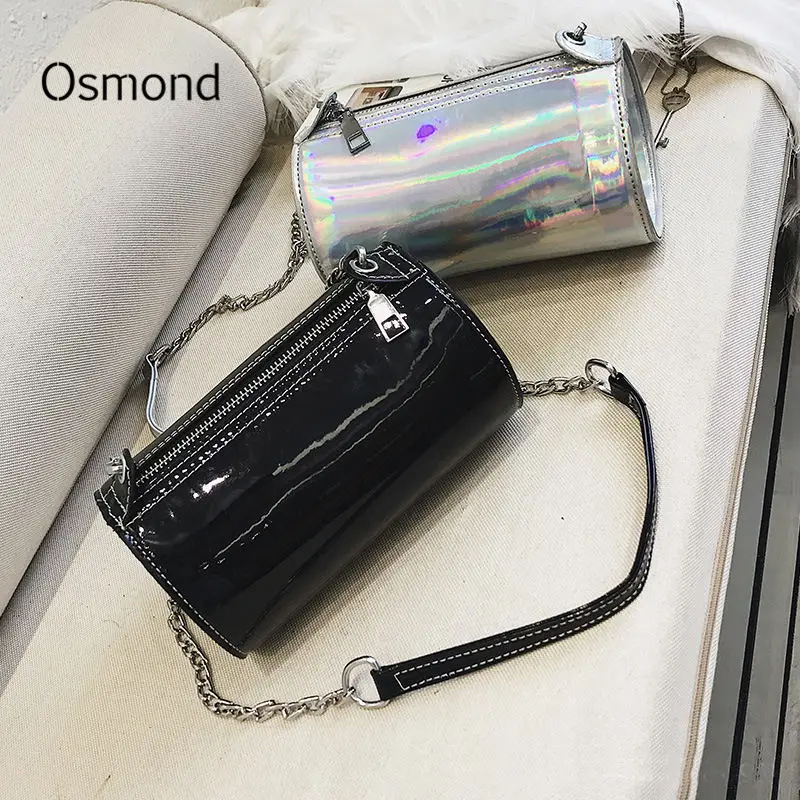 

Osmond Hologram Laser Handbags Women Shoulder Bags Round Barrel-Shaped Day Clutches Crossbody Bags Small Purse Black Bolsos