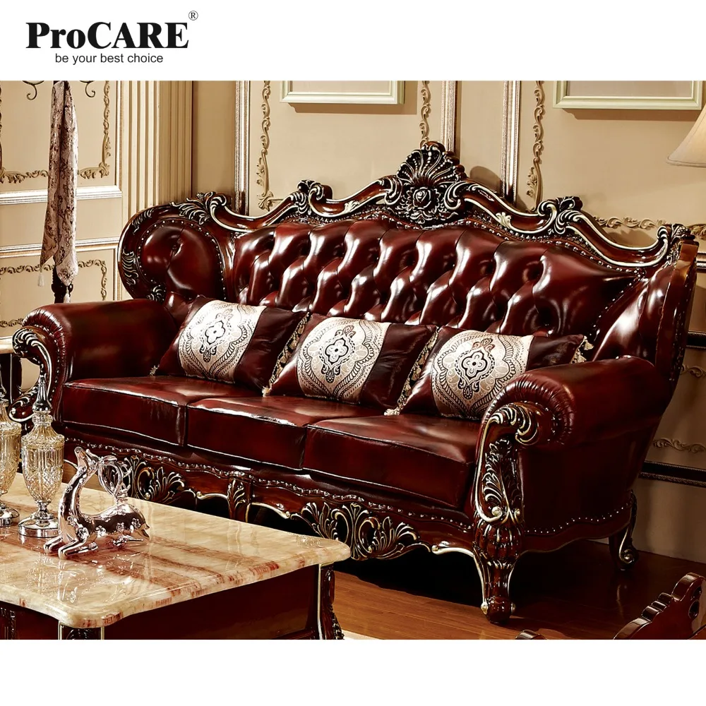 luxury 3 different sets red solid wood genuine leather sofas set living room furniture with coffee table in China-PRF6801/05/08