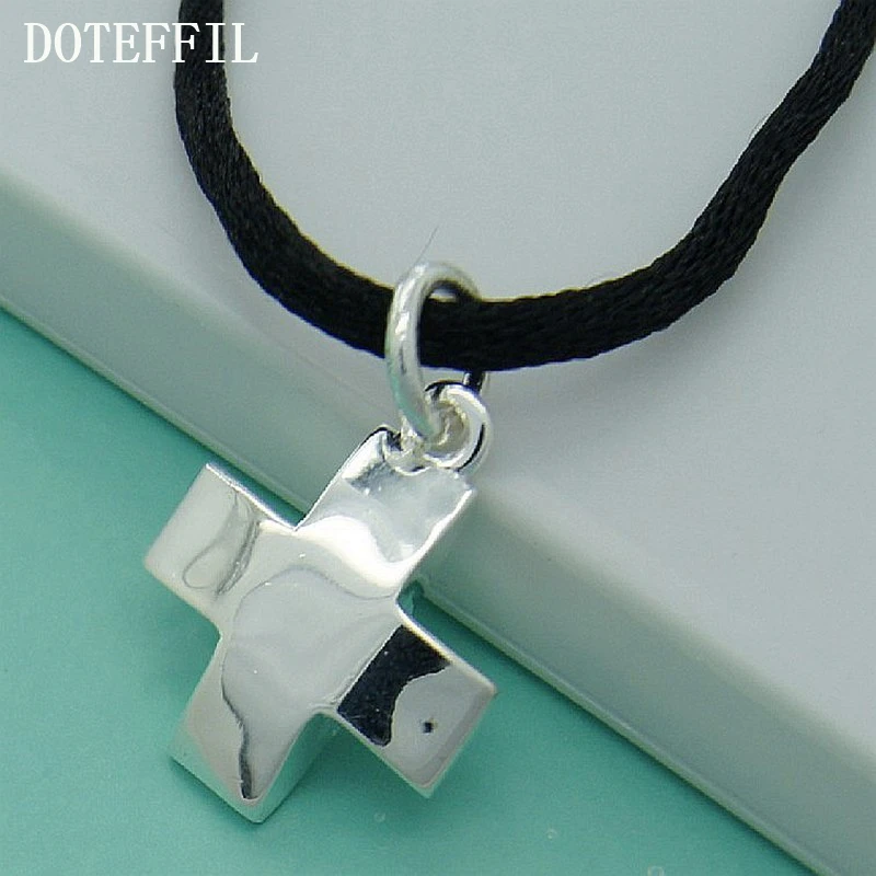 

High Quality 925 Sterling Silver Promotion Items Black Rope Chain Cross Necklace Antique Jewelry Popular Fashion Necklaces