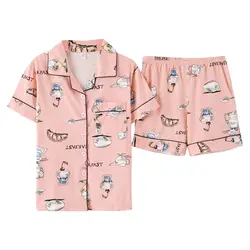 Женские пижамы летние пижамы 100% хлопок женские пижамы набор с коротким рукавом Turn-Down воротник милые Мультяшные пижамы Женская одежда M-XXL