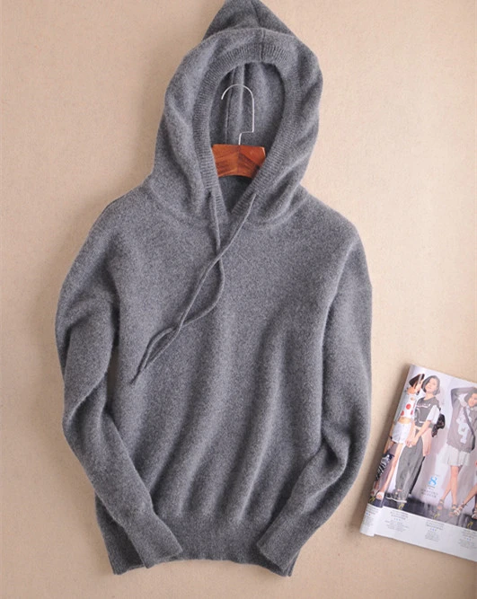 

100%goat cashmere knit women's new fashion hooded sweatshirts pullover tie collar 8color retail wholesale S-2XL
