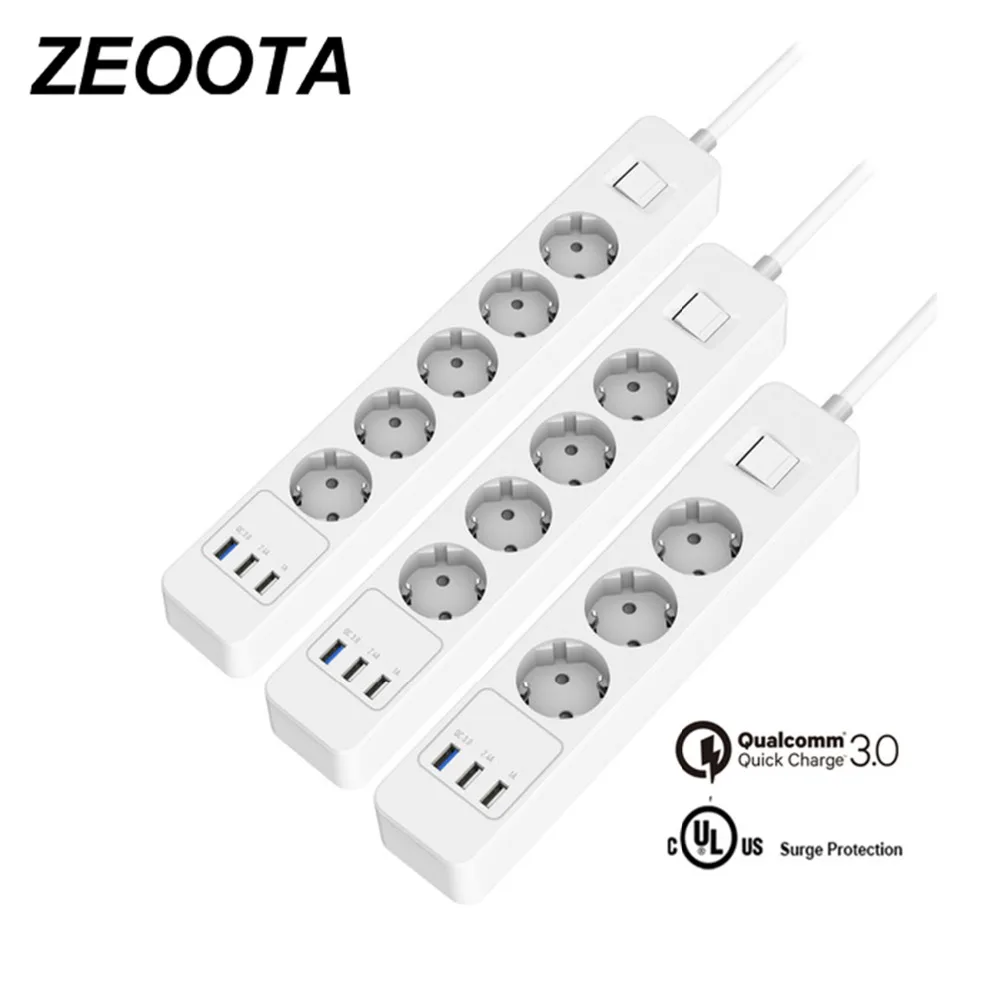 

Power Strip 3/4/5 AC Outlets Sockets EU Plug Surge Protectorwith 3 USB QC3.0 Fast/Rapid/Quick Charger and 1.5m Extension Cable