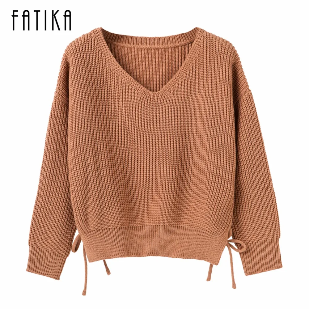 

FATIKA 2017 New Fashion Women's Sweaters And Pullovers Ladies Side Lace Up V-neck Knitted Sweaters Casual Loose Tops