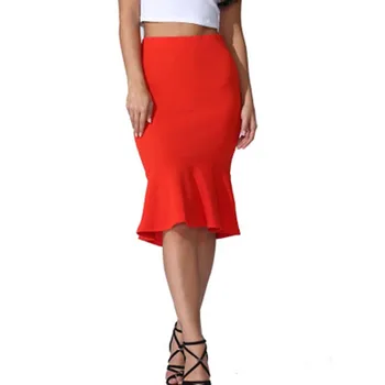 

Solid Color Large Size Knee Length Trumpet Skirts Lady Office Wear Skirt New Summer Fashion Women High Waist Mermaid Skirt