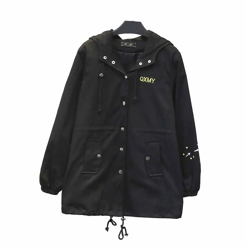 

Fashion Plus size XL-4XL Hooded Jacket Women 2019 Spring Autumn Print Black Outerwear Students Casual Top Short Windbreaker G187
