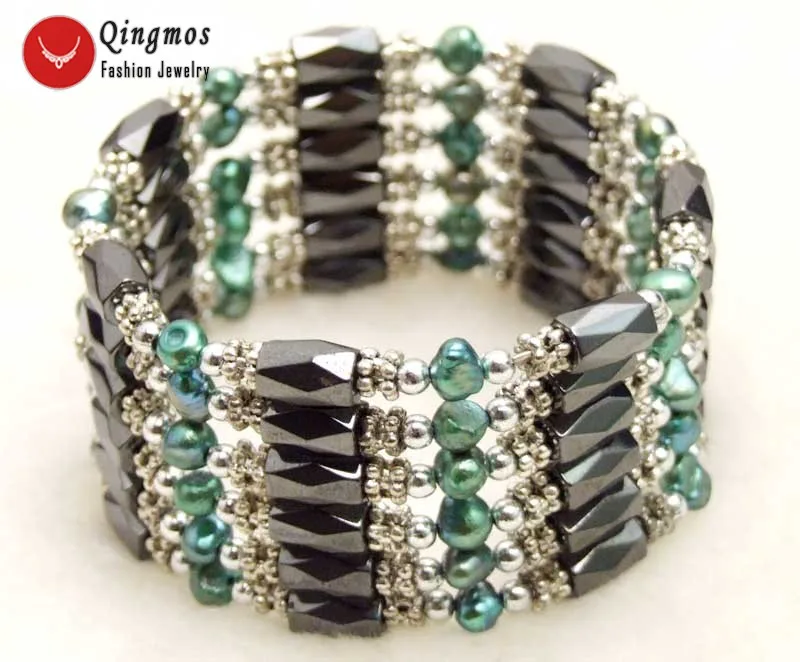 

Qingmos Pearl Bracelet for Women with 4-5mm Dark Green Baroque Pearl and Black Hematite Magnetic 38'' Necklace Bracelet Bra354