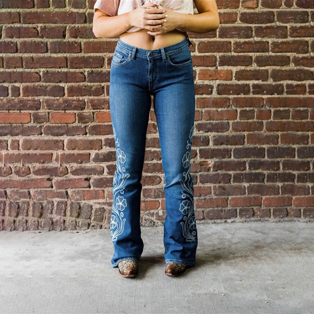 JAYCOSIN расклешенные джинсы женщины с высокой талией джинсовые брюки Винтаж женская одежда осень Высокая Талия штаны с вышивкой и поясом эластичные джинсы Dropship