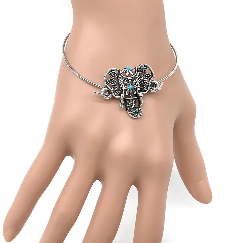 Women Retro Ethnic Boho Hollow Elephant Totem Bangle Bracelet Cuff Jewelry