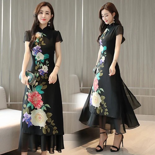 

2019 ao dai classic style aodai dress short sleeve antique black embroidery women flower printing vietnam long aodai dress