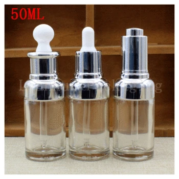 

50ml High Quality Clear Glass Liquid Bottle oil Press The Rubber Head Dropper Essence Lotion Packing Bottle Silver Aluminum Lid