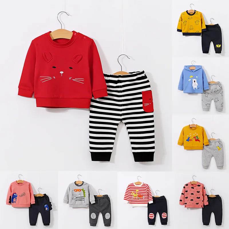 

2019 autumn hot newborn baby boy female cartoon animal shape T-shirt top striped pants clothes suit baby clothes baby outfit