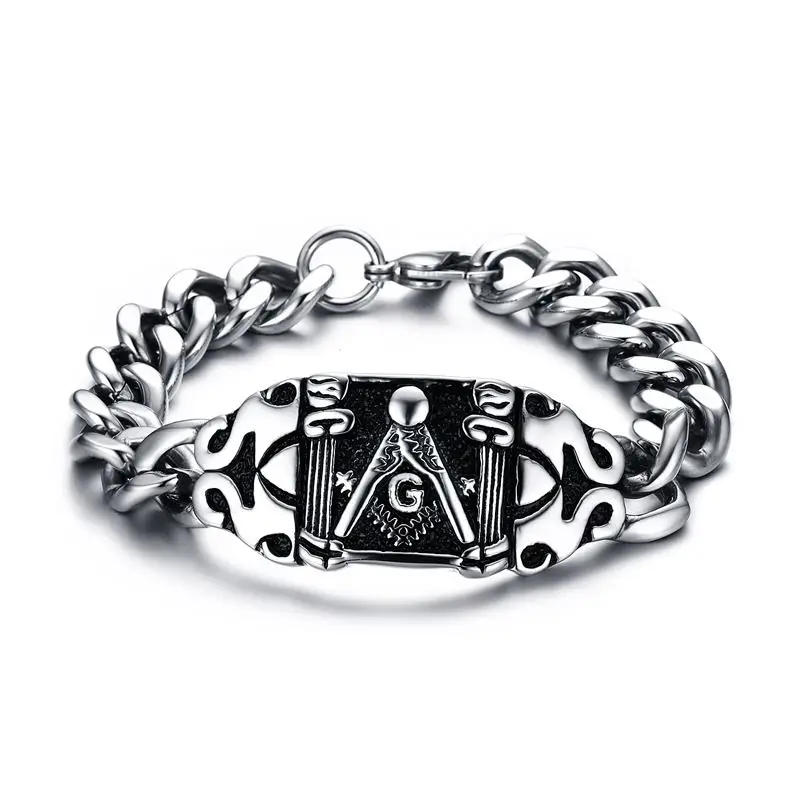 Для мужчин s масоны браслеты 316L нержавеющая сталь Винтаж Серебряный Черный панцирная Цепь Байкер Панк символ масонов для мужчин ювелирные изделия 21 см