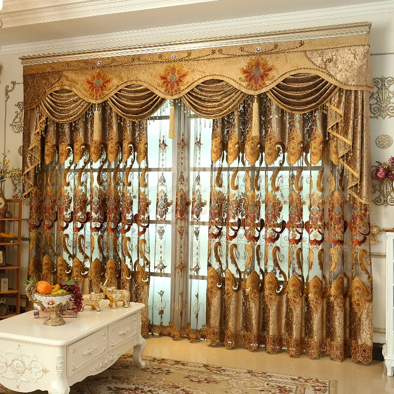 Золотистые Роскошные затемненные шторы для гостиной с цветочной вышивкой, занавески для спальни, оконные шторы, тканевые шторы тюлевые балдахин