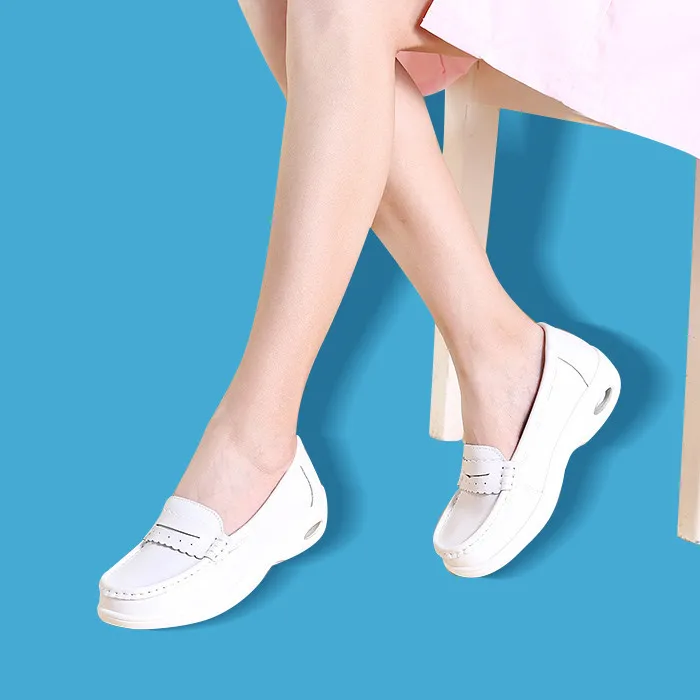 

Hot New 2019 Spring Summer Women's Flat Shoes White Nurse Shoes Breathable Slip on Leather Loafers Ladies Moccasins Flats