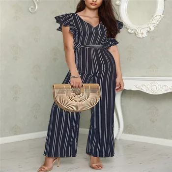 

Striped Summer V-neck Ruffle striped Jumpsuit Sleeveless Polyester Wide Leg Rompers one pieces Trendy Ladies Women Romper
