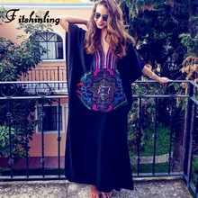 Облегающее пляжное длинное платье с вышивкой, Летняя туника, богемное винтажное платье с рукавом летучая мышь, большие размеры, женские платья макси для отдыха