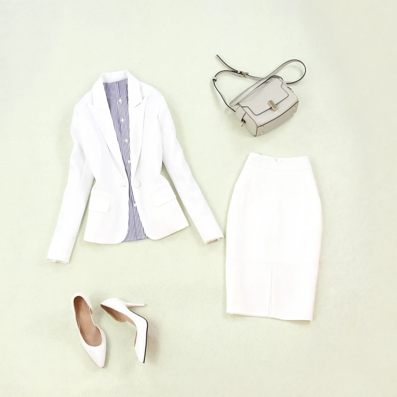 

Set women's spring and summer new fashion commuterOLprofessional one button white small suit jacket baghip split skirtshirt suit