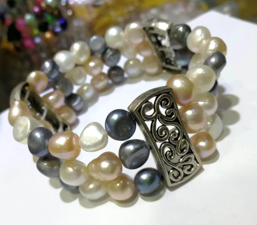 

Wedding Woman 3 Rows Baroque Bracelet white black colors mixed pearl Natural Freshwater Pearl Handmade Jewelry Elastic rope