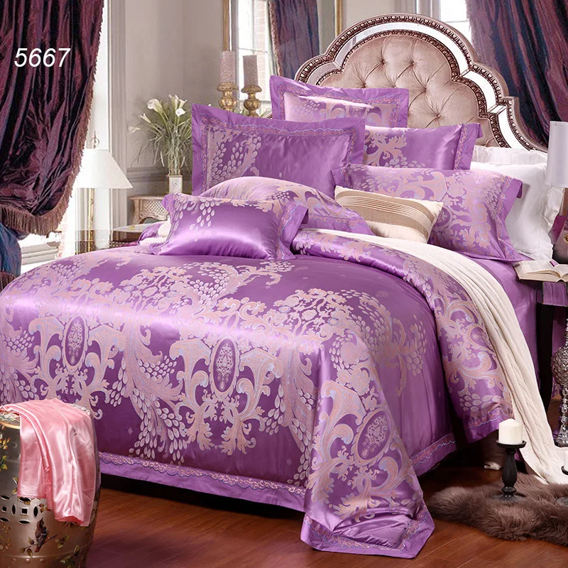 New come purple tribute silk 4pcs bedding set jacquard quilt cover