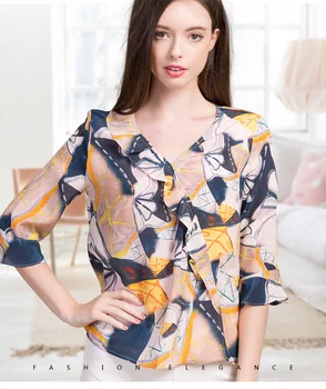 

2020 new heavy silk Plus - size women's T-shirt, female loose lotus leaf short sleeved T-shirt, 100% mulberry silk printing