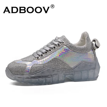

ADBOOV Sequin Sneakers Women Transparent Sole Casual Shoes Woman Basket Femme 2019 Bling Rhinestone Platform Sneakers Silver