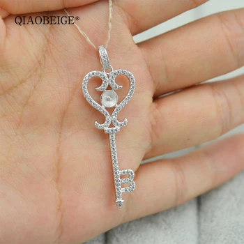 

QIAOBEIGE 925 silver pendant key design zircon sterling silver pearl pendant mountings diy pearl stick on jewelry gift for women