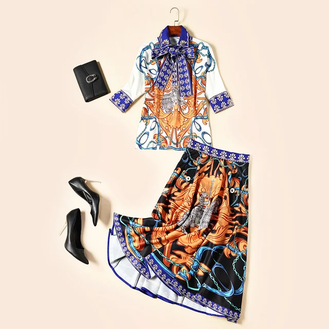 Special Price New 2019 Spring Summer Designer Set Women's Half Sleeve Vintage Print Luxury Beaded Blouse + Knee-length Skirt Two-piece Suit Special Price New 2019 Spring Summer Designer Set Women's Half Sleeve Vintage Print Luxury Beaded Blouse + Knee-length Skirt Two-piece Suit