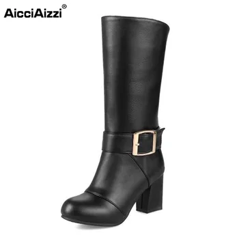

ZALAVOR Size 32-43 Winter Shoes Women Thick High Heel Mid Calf Winter Boots For Women Zipper Metal Buckle Plush Warm Botas